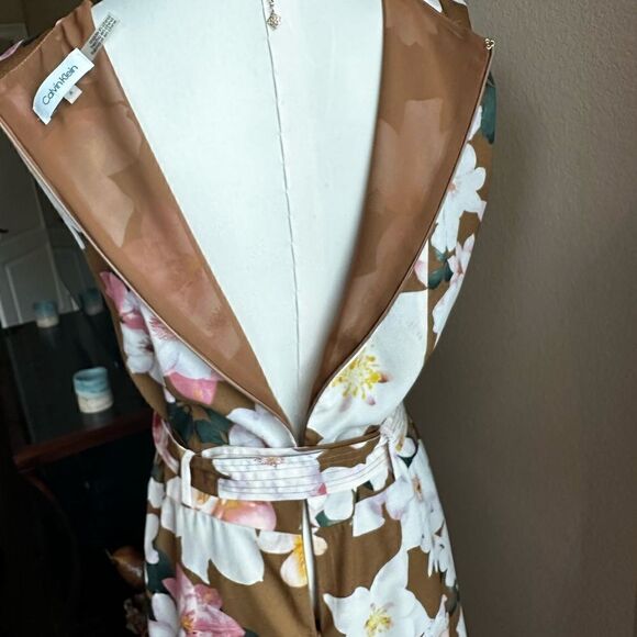 Calvin Klein Size 8 Sleeveless Brown Floral Print Belt w/Ruffle Hem Spring Dress - Picture 12 of 15